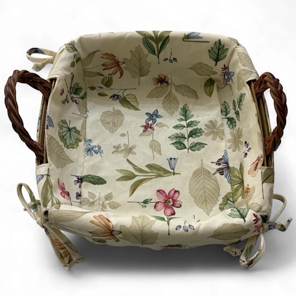 Longaberger Basket w Botanical Fields Fabric Liner Leather  Woven Handles